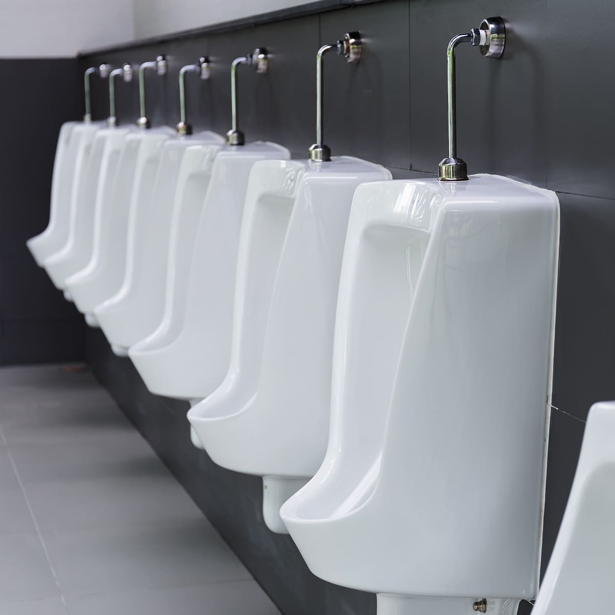 A row of white ceramic urinals mounted on a dark tiled wall in a public restroom, with metal flush pipes above each urinal.