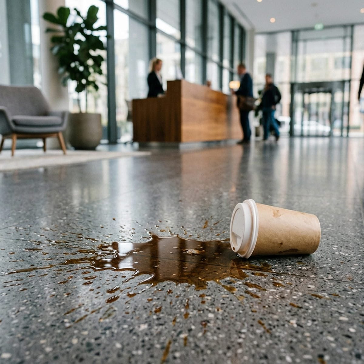 A paper coffee cup lies on its side, spilling coffee across the floor of a modern lobby, with people standing near a wooden reception desk in the background.