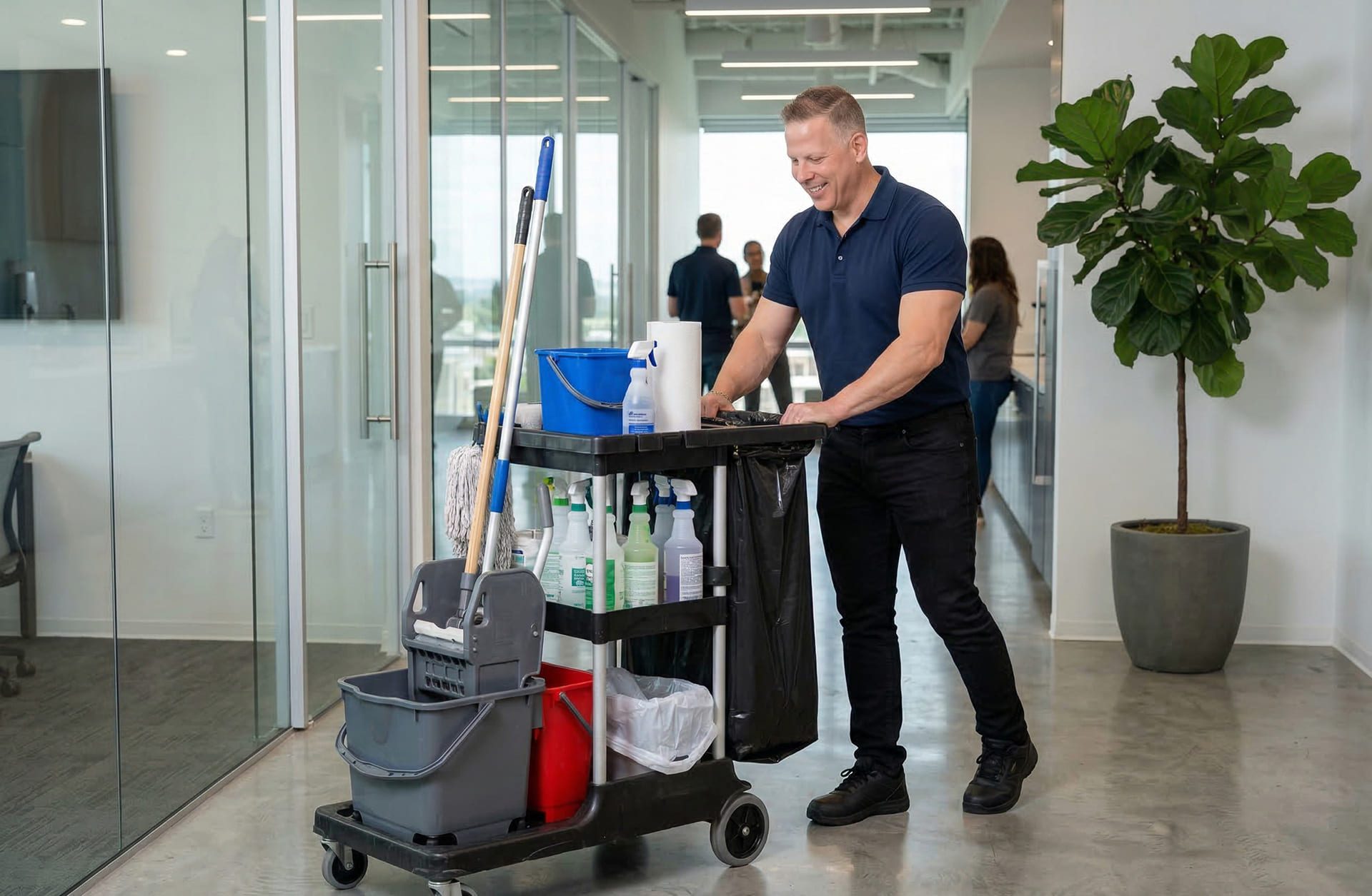 A man in a navy shirt pushes a cleaning cart with sprays, a mop, and a bucket through a modern office hallway with glass walls and a potted plant.