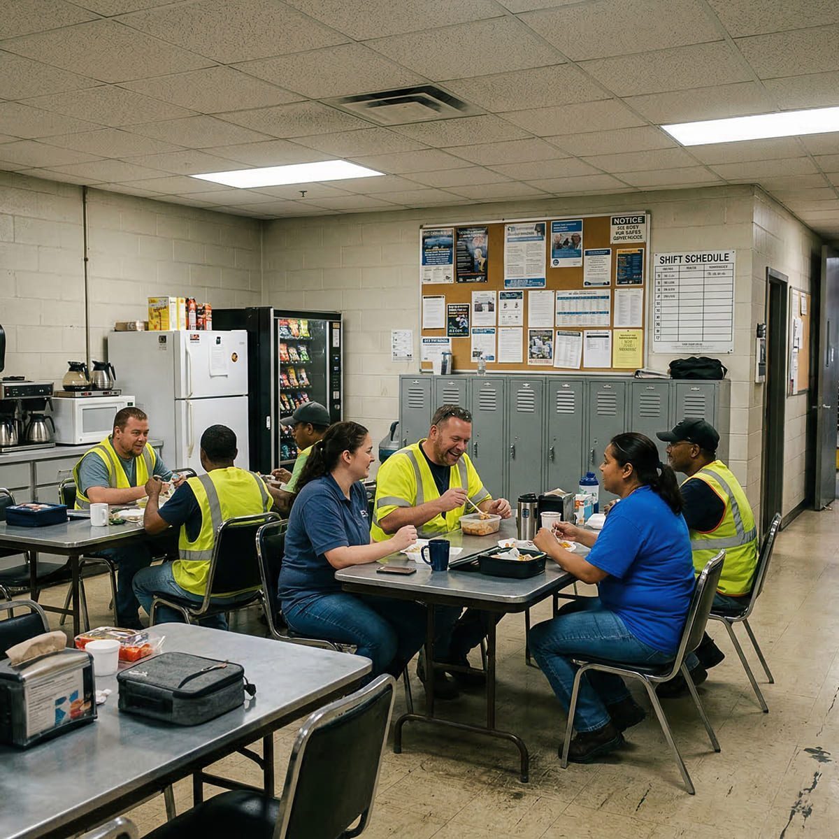 Several workers in safety vests and uniforms sit at tables in a break room, eating and talking. Lockers, a refrigerator, a vending machine, and a shift schedule are visible in the background.