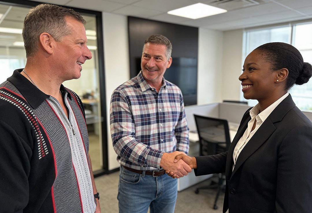 A woman in a black suit shakes hands with a smiling man in a plaid shirt, while another man in a patterned jacket stands nearby. They are in a modern office with glass walls and workstations.