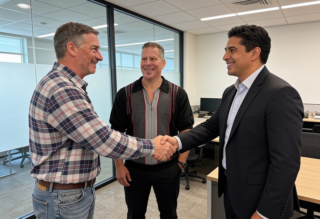 Three men stand in an office. Two men, one in a plaid shirt and one in a suit, are shaking hands and smiling. A third man, wearing a black short-sleeve shirt, stands between them, also smiling.