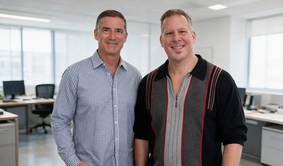 Two men standing and smiling in a bright, modern office with desks, chairs, and large windows in the background.