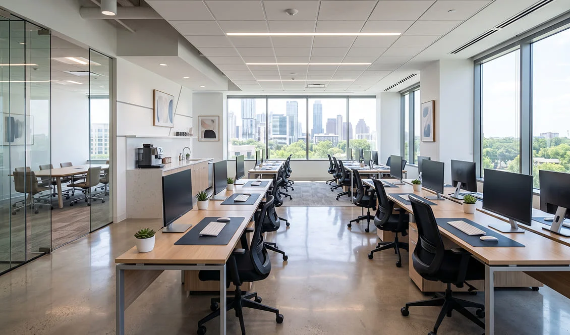 Modern office with rows of desks and computers, large windows showing a city skyline, glass-walled conference room, and minimalist decor with small potted plants on each desk.
