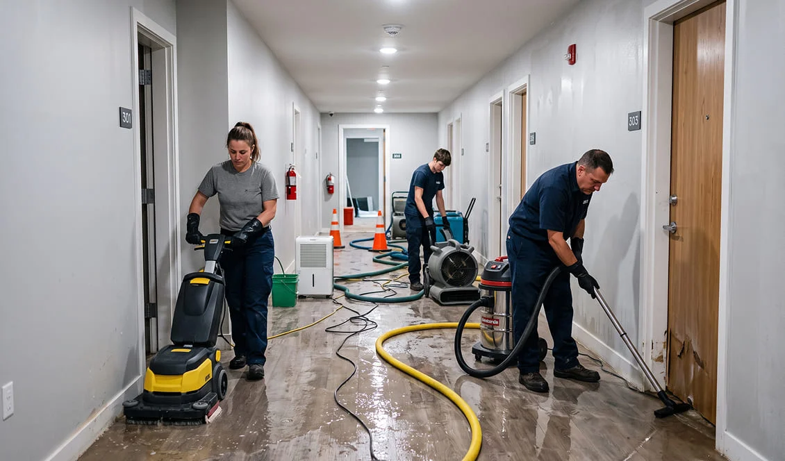 Three people clean a wet hallway floor with water vacuums and cleaning machines. Yellow hoses and safety cones are visible. The hall has white walls, numbered doors, and cleaning equipment throughout.