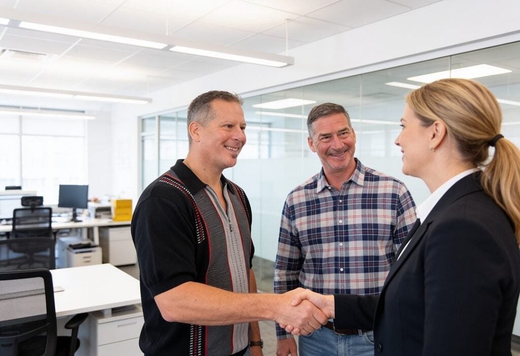 Three people in an office, two men and one woman. The woman, wearing a suit, is shaking hands with one man while the other man stands nearby, smiling. Modern office setting with glass walls and desks.